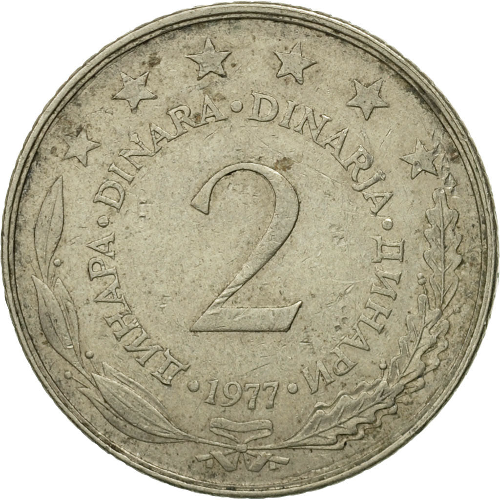 Moneta, Iugoslavia, 2 Dinara, 1977, MB+, Rame-nichel-zinco, KM:57