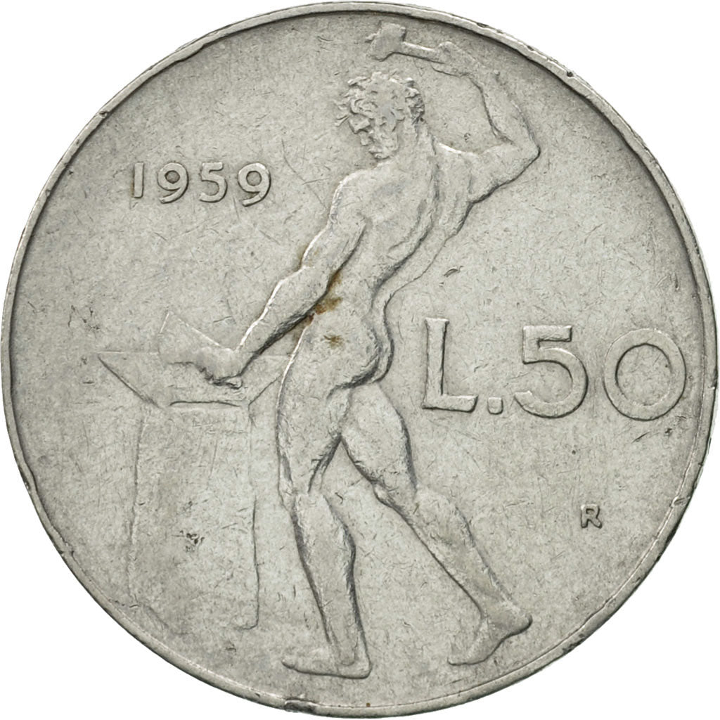 Coin, Italy, 50 Lire, 1959, Rome, VF(30-35), Stainless Steel, KM:95.1