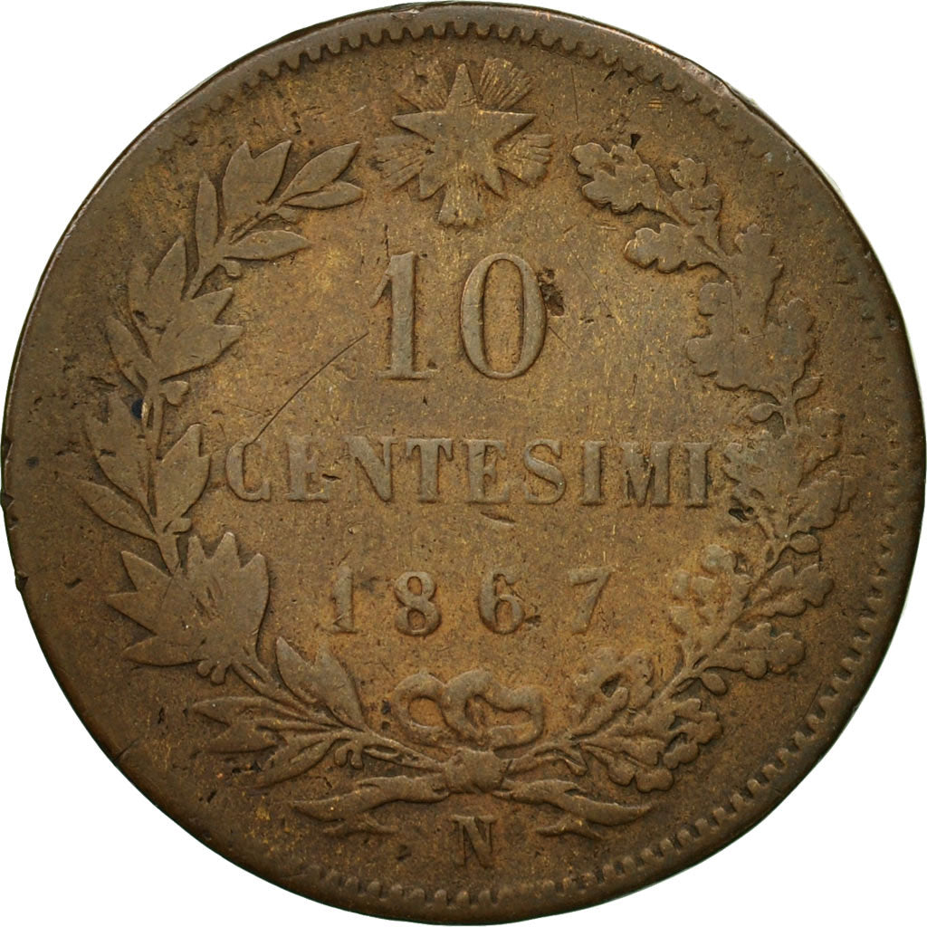 Moneta, Italia, Vittorio Emanuele II, 10 Centesimi, 1867, Naples, MB, Rame