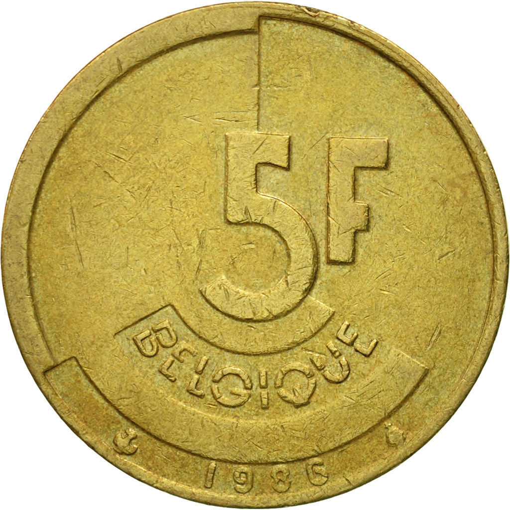 Moneta, Belgio, 5 Francs, 5 Frank, 1986, MB+, Ottone o alluminio-bronzo, KM:163