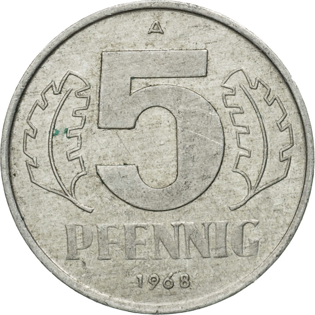 Moneda, REPÚBLICA DEMOCRÁTICA ALEMANA, 5 Pfennig, 1968, Berlin, BC+, Aluminio