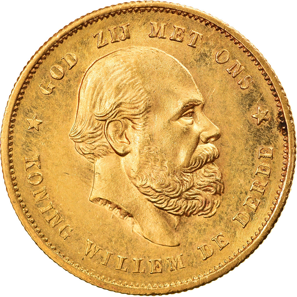 Coin, Netherlands, William III, 10 Gulden, 1886, MS(60-62), Gold, KM:106