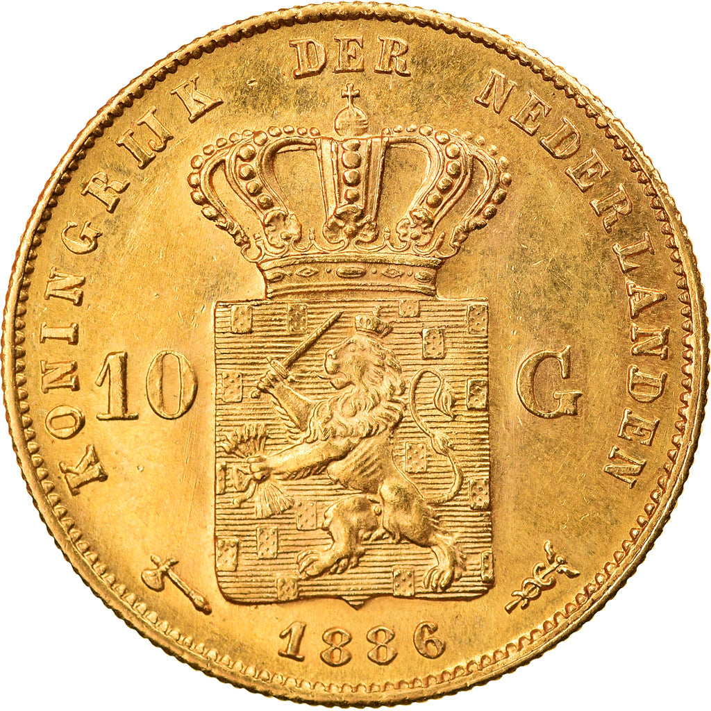 Coin, Netherlands, William III, 10 Gulden, 1886, MS(60-62), Gold, KM:106