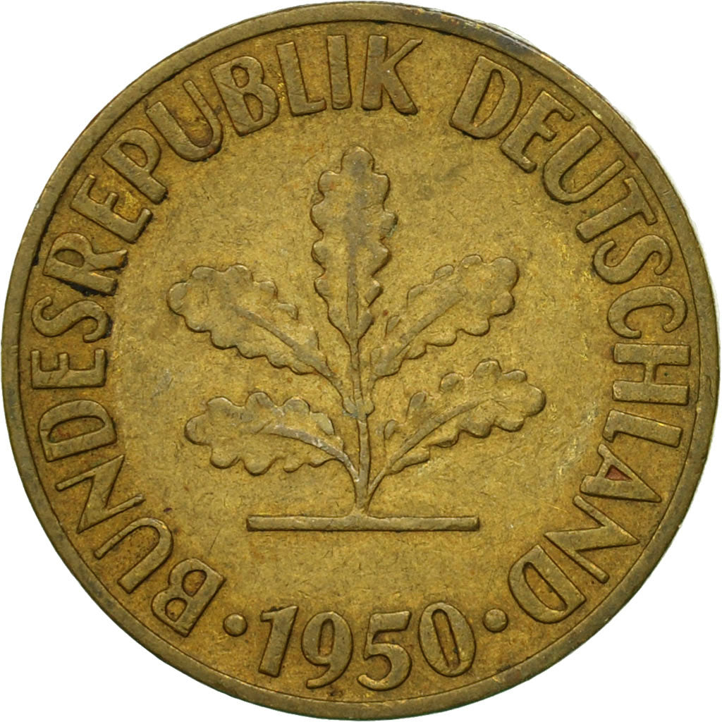 Coin, GERMANY - FEDERAL REPUBLIC, 10 Pfennig, 1950, Stuttgart, VF(30-35), Brass