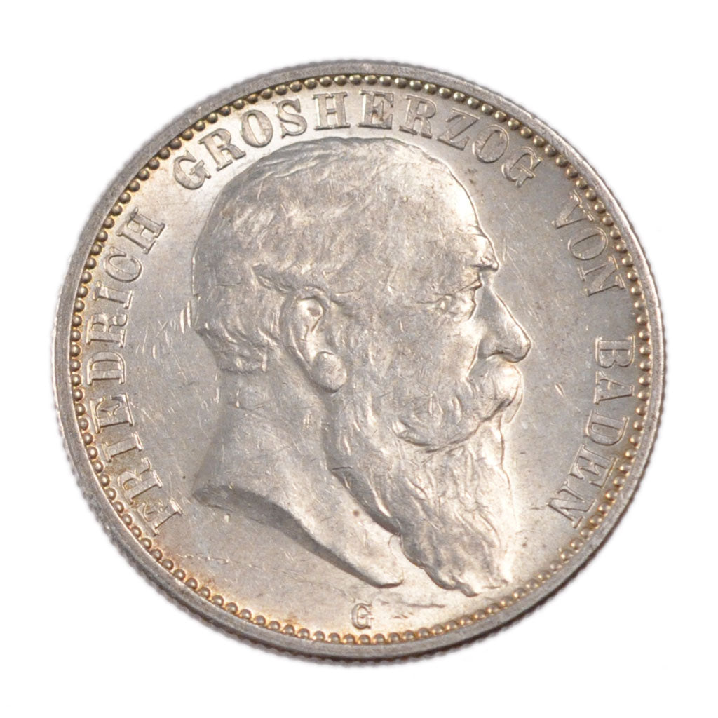 GERMAN STATES, 2 Mark, 1907, Karlsruhe, KM #278, AU(55-58), Silver, 28, 11.00