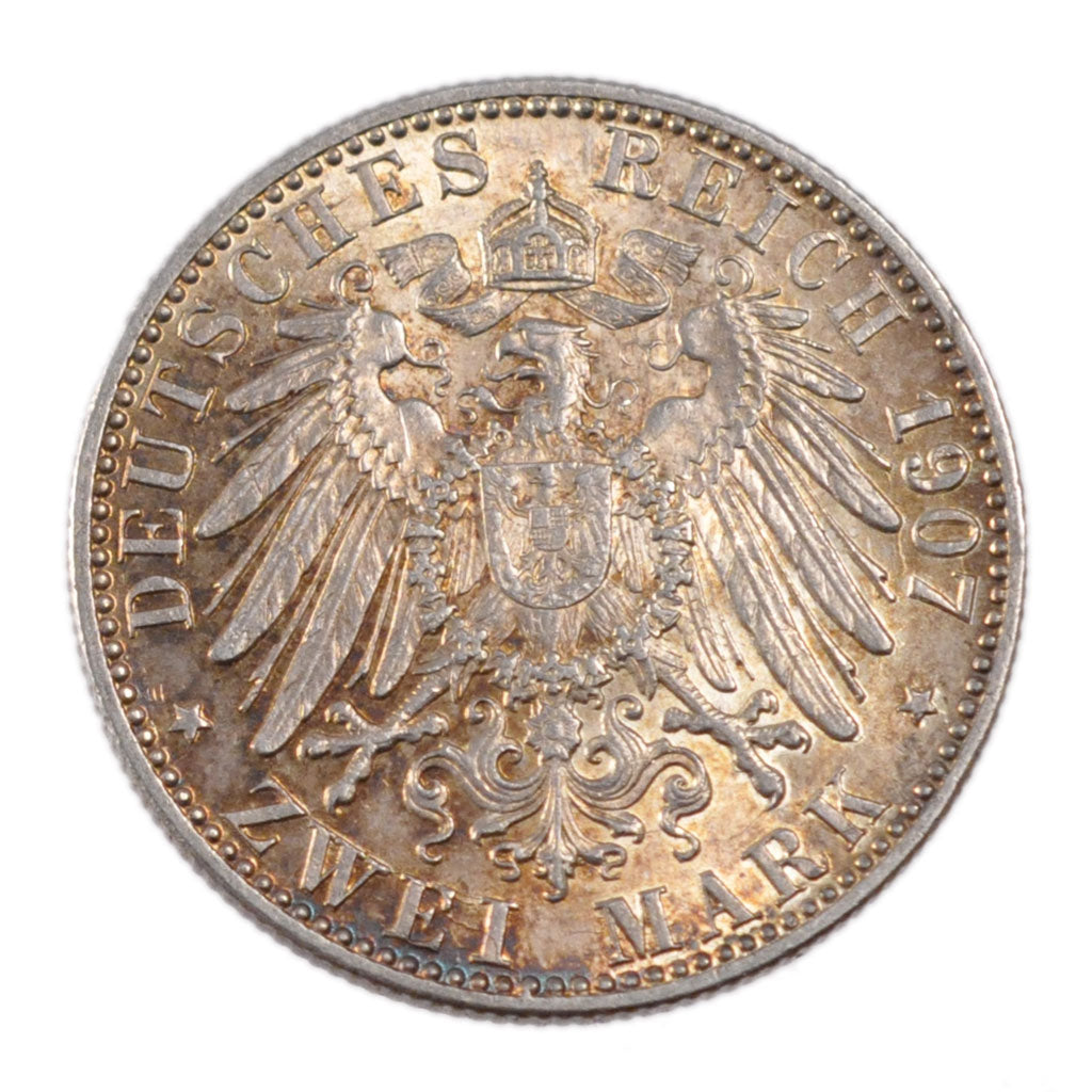 GERMAN STATES, 2 Mark, 1907, Karlsruhe, KM #278, AU(55-58), Silver, 28, 11.00