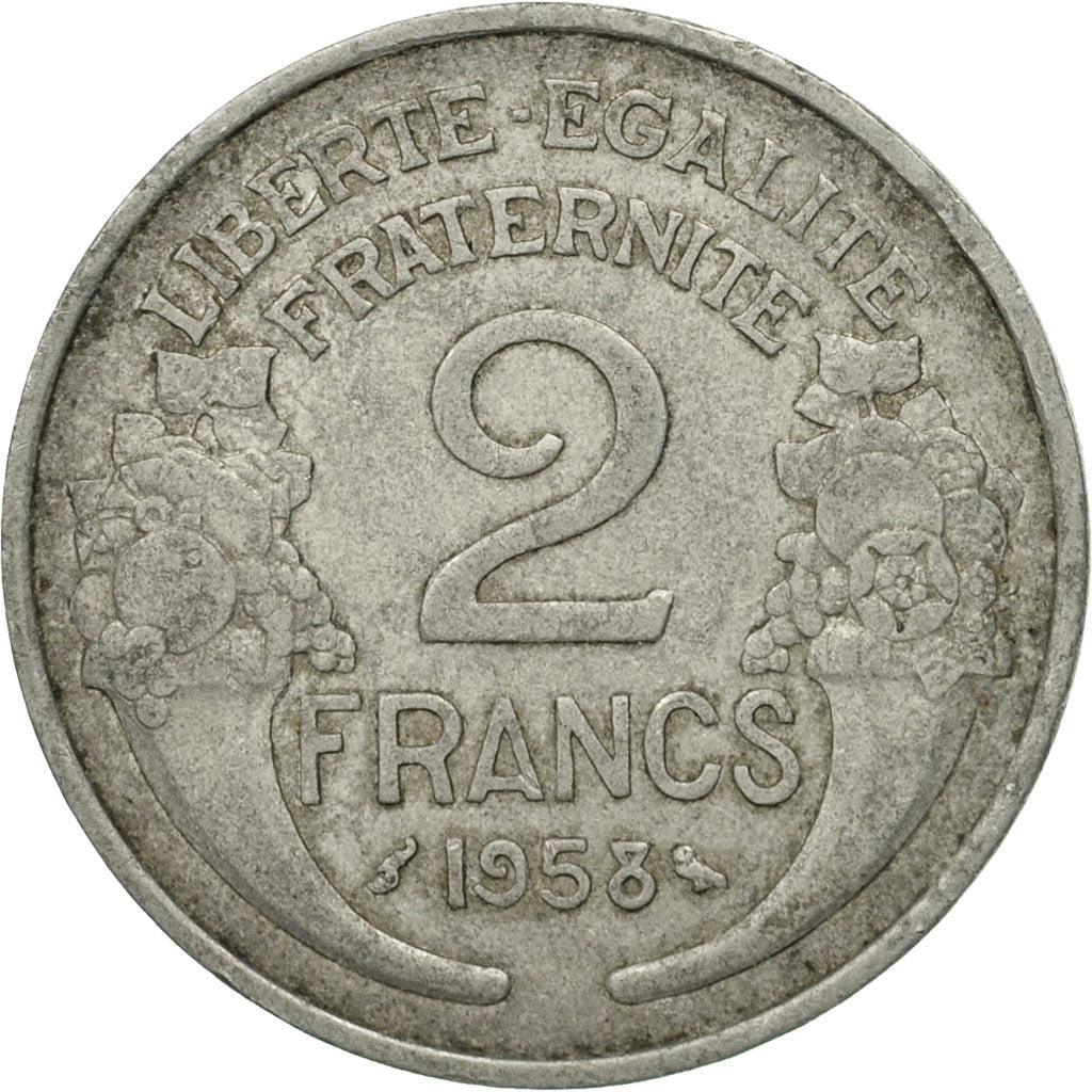 Moneda, Francia, Morlon, 2 Francs, 1958, Paris, BC+, Aluminio, KM:886a.1