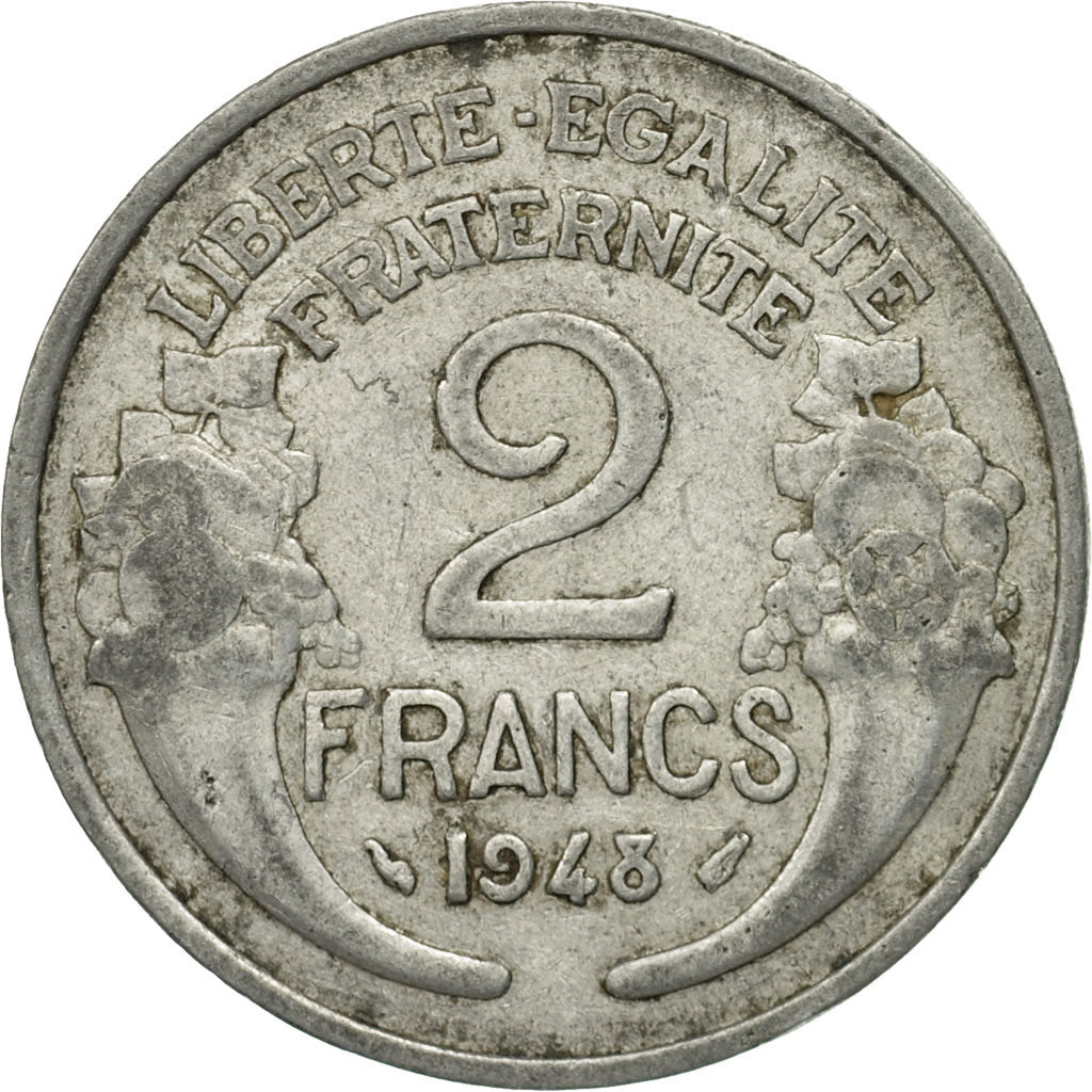 Moneda, Francia, Morlon, 2 Francs, 1948, Paris, BC+, Aluminio, KM:886a.1