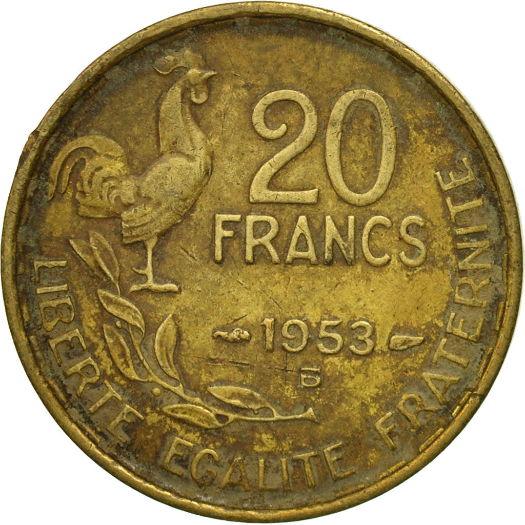 Moneda, Francia, Guiraud, 20 Francs, 1953, Beaumont - Le Roger, BC+, Aluminio -