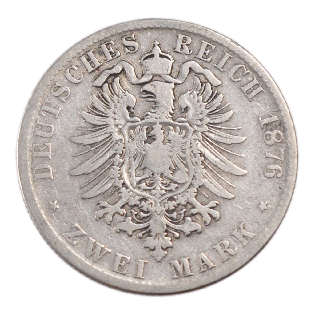 German States, BAVARIA, Ludwig II, 2 Mark, 1876, Munich, VF(20-25), Silver, K...