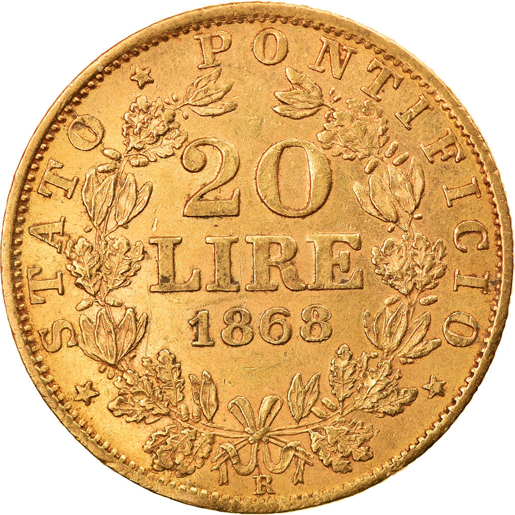 Moneta, DEPARTAMENTY WŁOSKIE, PAPAL STATES, Pius IX, 20 Lire, 1868, Roma