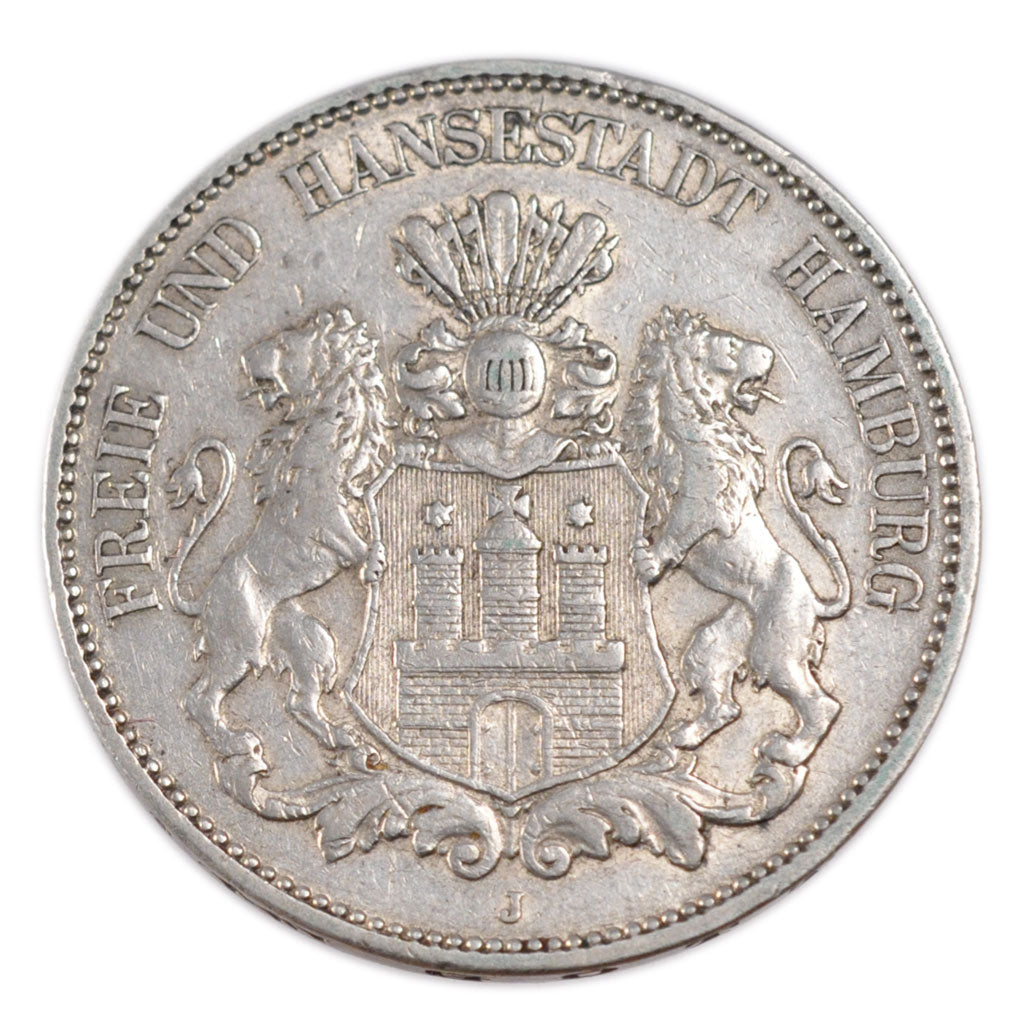GERMAN STATES, 5 Mark, 1907, Hamburg, KM #610, EF(40-45), Silver, 38, 27.80