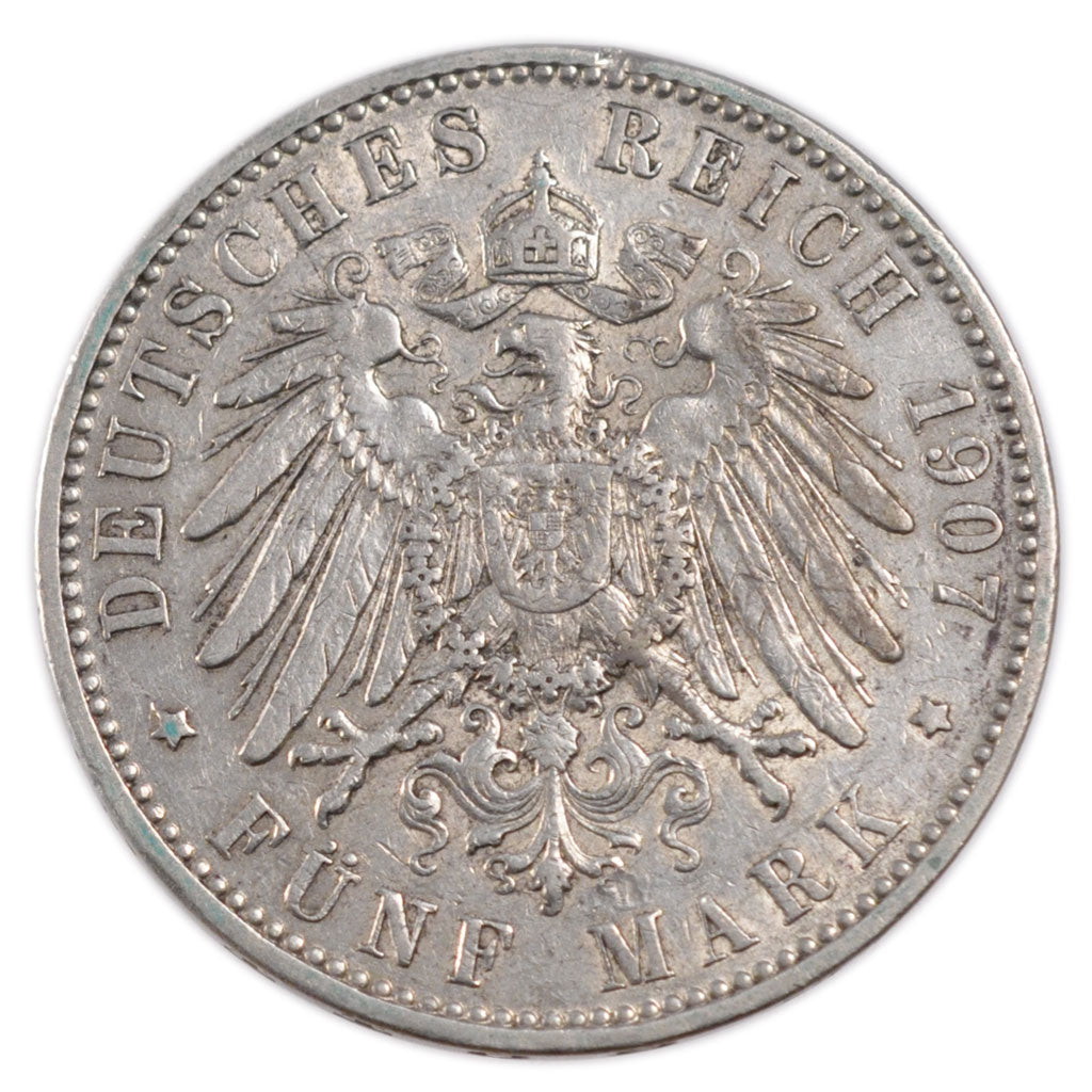 GERMAN STATES, 5 Mark, 1907, Hamburg, KM #610, EF(40-45), Silver, 38, 27.80