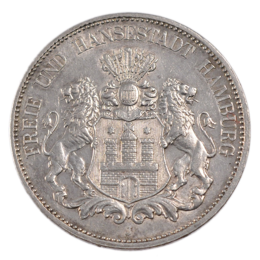 GERMAN STATES, 5 Mark, 1913, Hamburg, KM #610, EF(40-45), Silver, 38, 17.70
