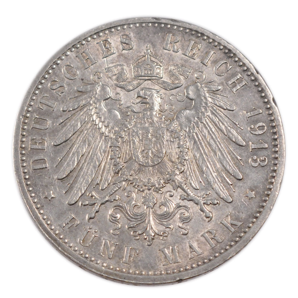 GERMAN STATES, 5 Mark, 1913, Hamburg, KM #610, EF(40-45), Silver, 38, 17.70