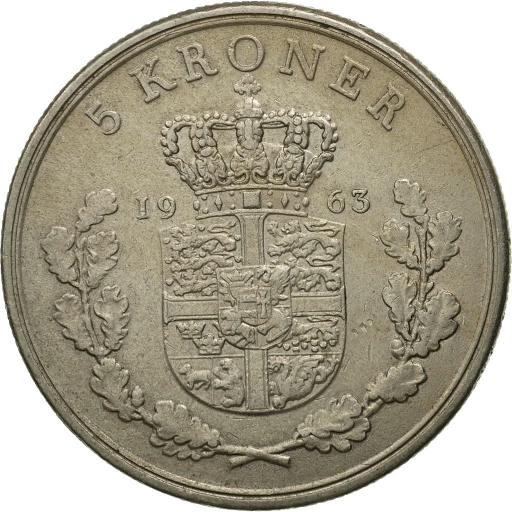 Moneta, Danimarca, Frederik IX, 5 Kroner, 1963, Copenhagen, BB, Rame-nichel