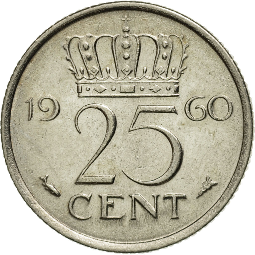 Coin, Netherlands, Juliana, 25 Cents, 1960, EF(40-45), Nickel, KM:183