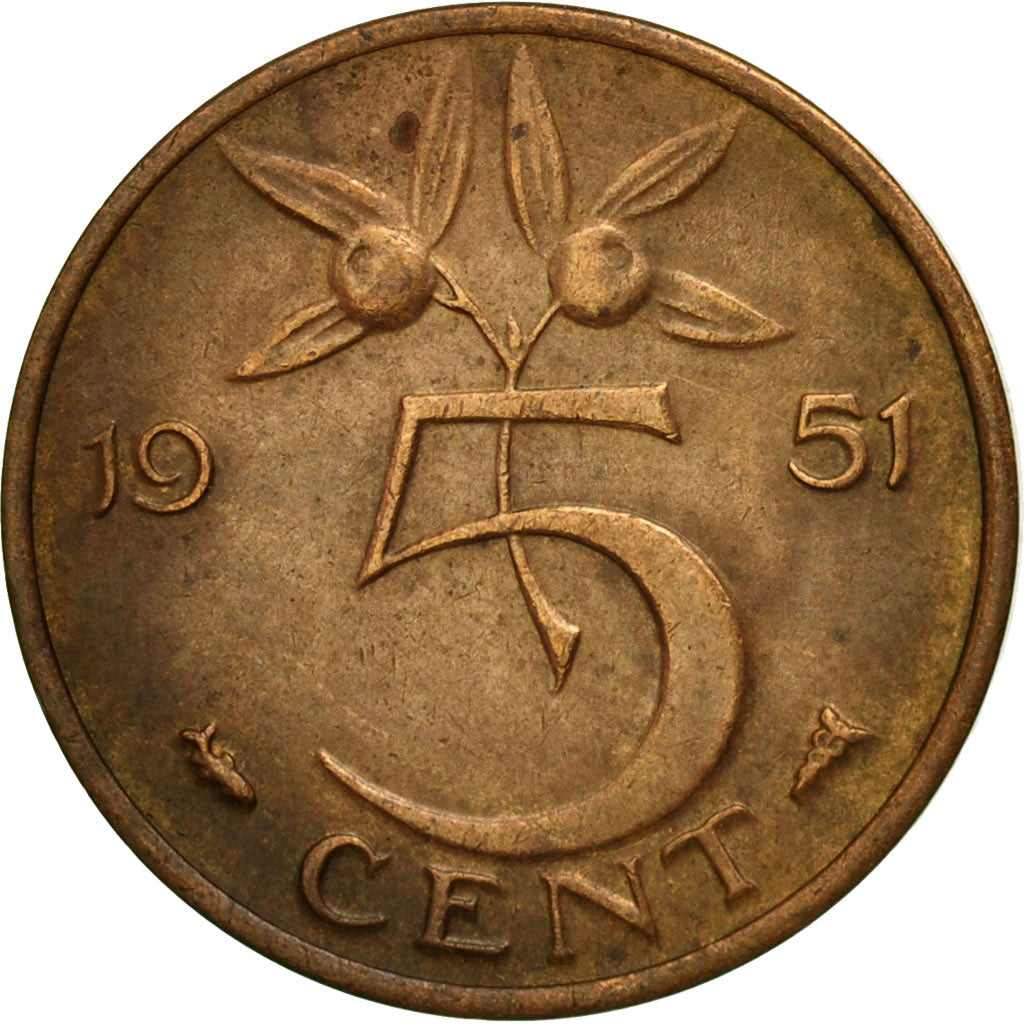 Moneda, Países Bajos, Juliana, 5 Cents, 1951, BC+, Bronce, KM:181