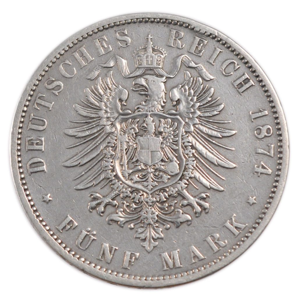 GERMAN STATES, 5 Mark, 1874, Berlin, KM #503, VF(30-35), Silver, 27.40