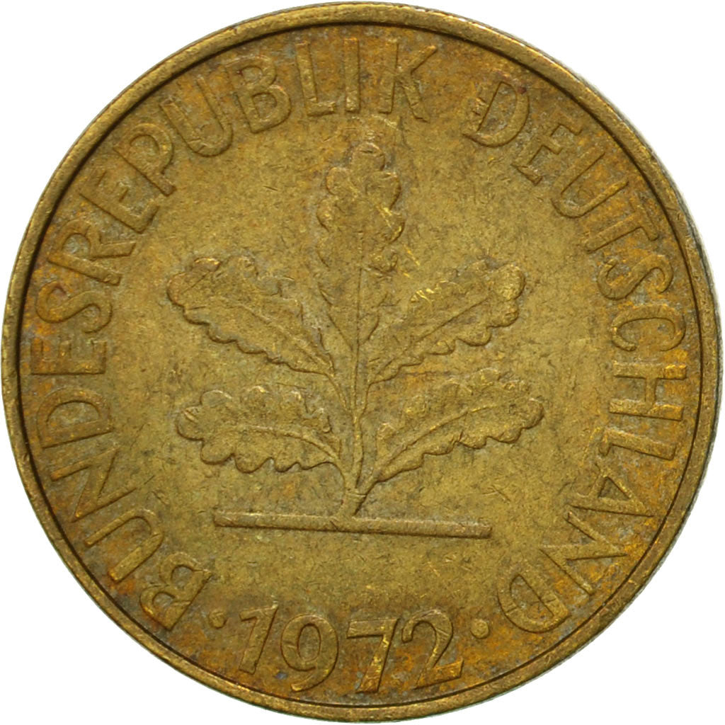 Moneda, ALEMANIA - REPÚBLICA FEDERAL, 10 Pfennig, 1972, Stuttgart, BC+, Latón