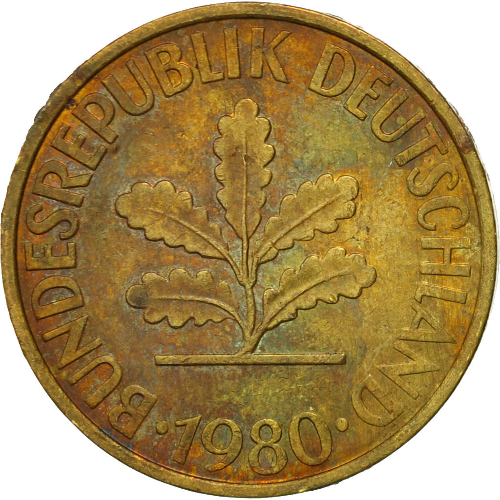 Coin, GERMANY - FEDERAL REPUBLIC, 10 Pfennig, 1980, Karlsruhe, VF(30-35), Brass