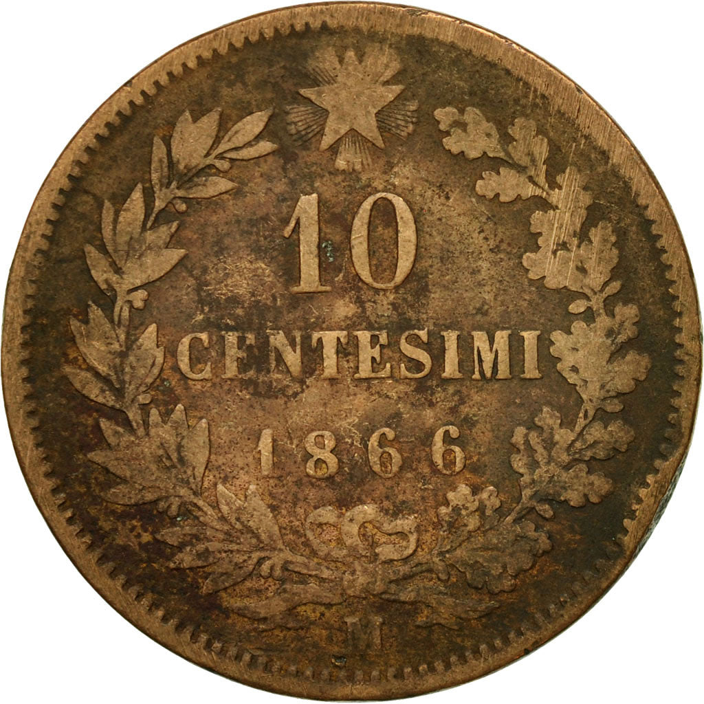 Coin, Italy, Vittorio Emanuele II, 10 Centesimi, 1866, Milan, VF(20-25), Copper