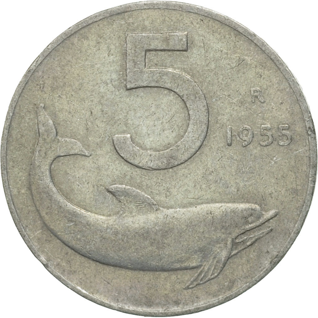 Coin, Italy, 5 Lire, 1955, Rome, VF(20-25), Aluminum, KM:92