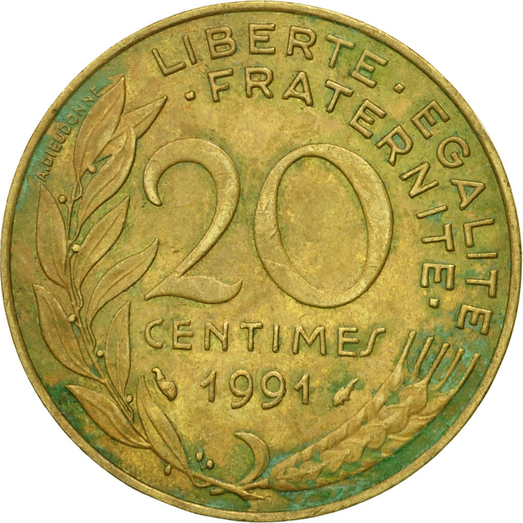 Moneta, Francja, Marianne, 20 Centimes, 1991, Paris, VF(20-25), Aluminium-Brąz