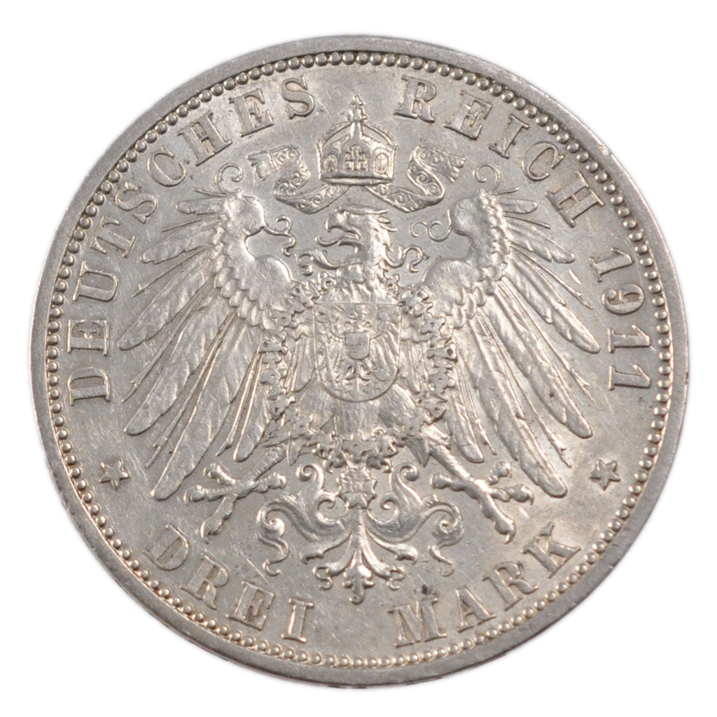 GERMAN STATES, 3 Mark, 1911, Berlin, KM #527, EF(40-45), Silver, 33, 16.60