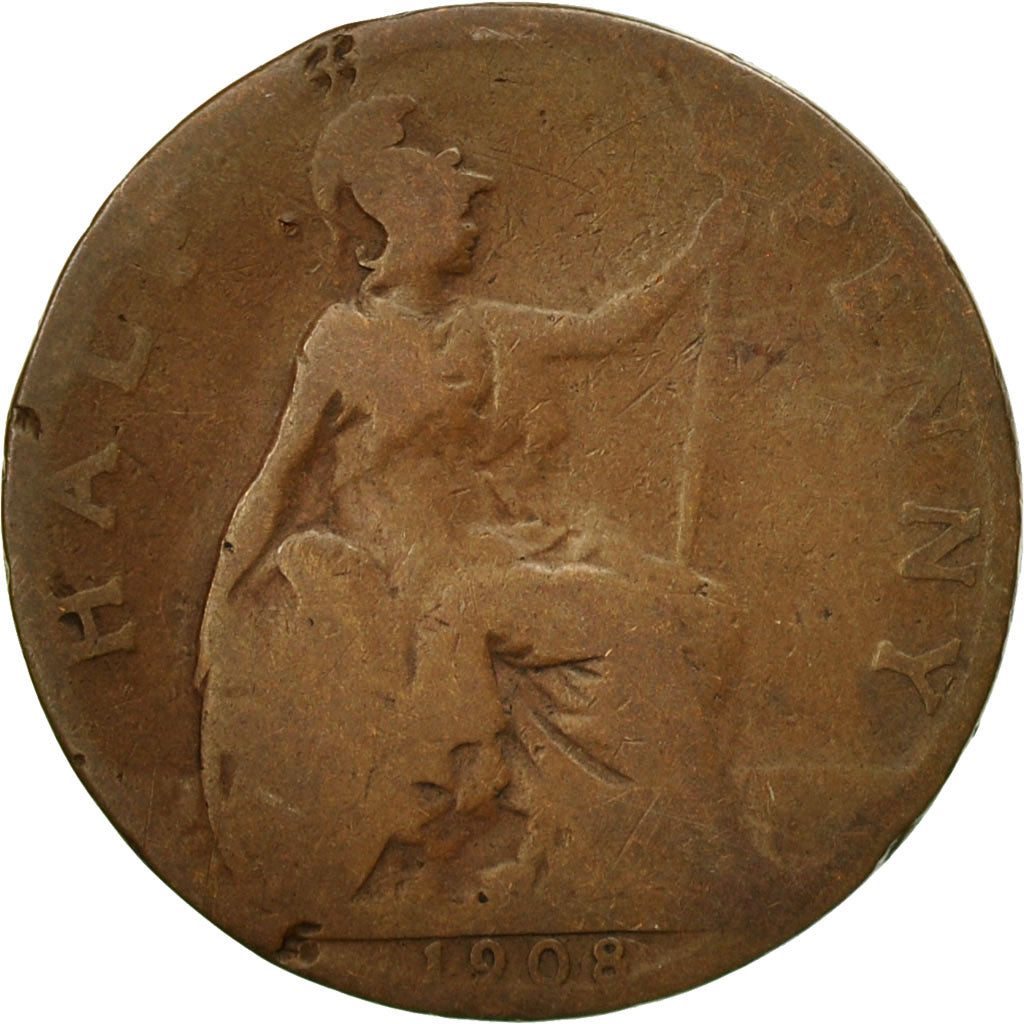 Moneda, Gran Bretaña, Edward VII, 1/2 Penny, 1908, BC, Bronce, KM:793.2