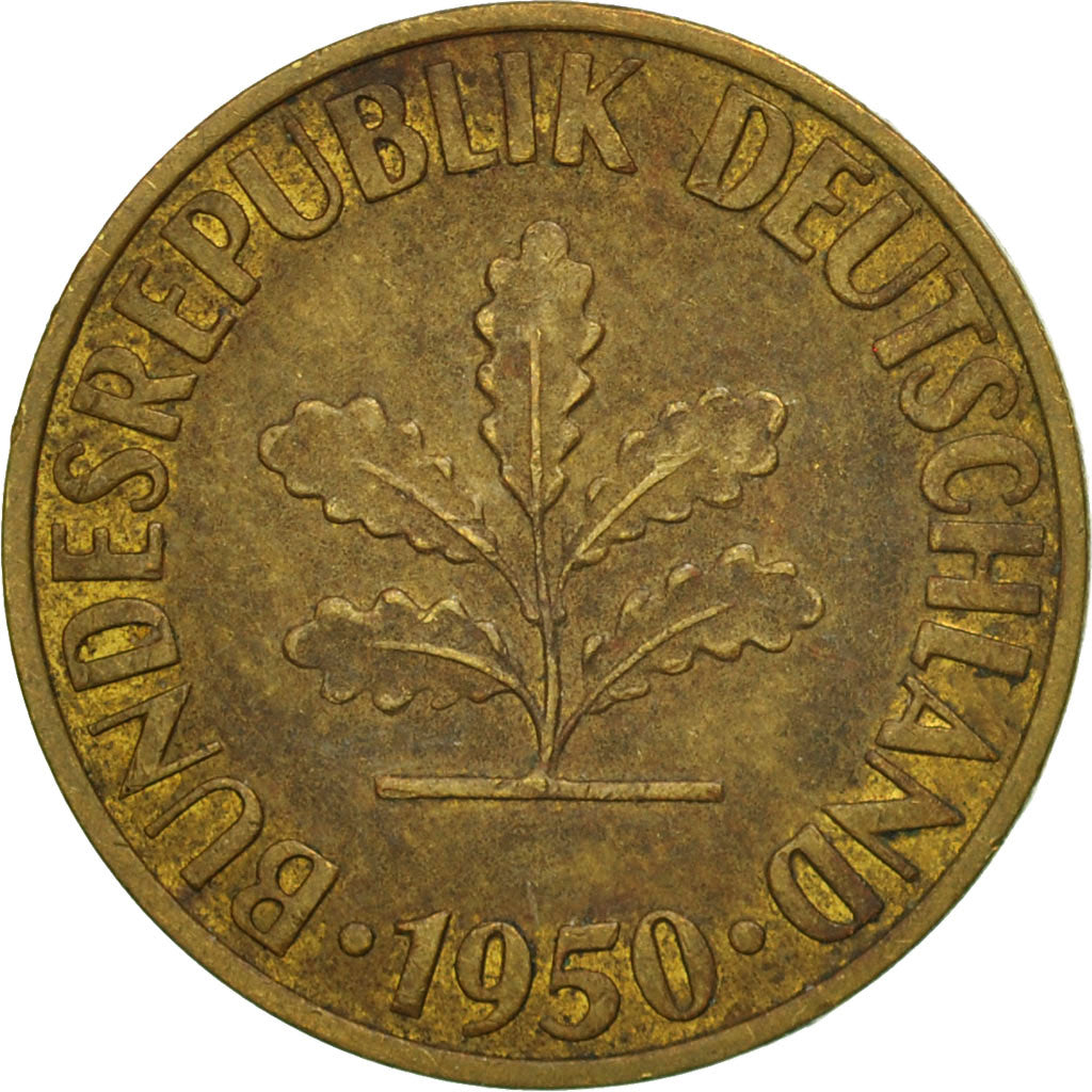 Coin, GERMANY - FEDERAL REPUBLIC, 10 Pfennig, 1950, Karlsruhe, VF(30-35), Brass