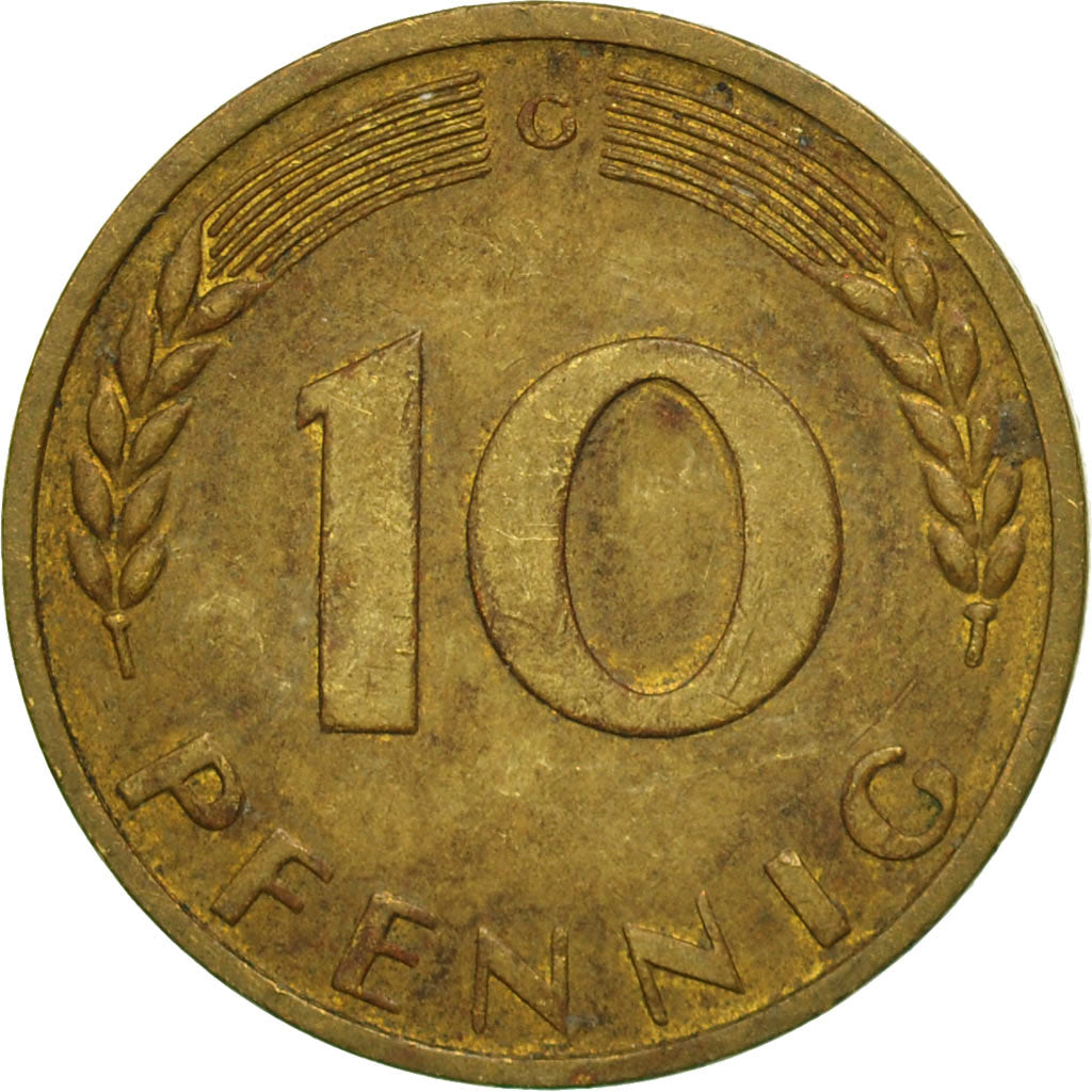 Coin, GERMANY - FEDERAL REPUBLIC, 10 Pfennig, 1950, Karlsruhe, VF(30-35), Brass