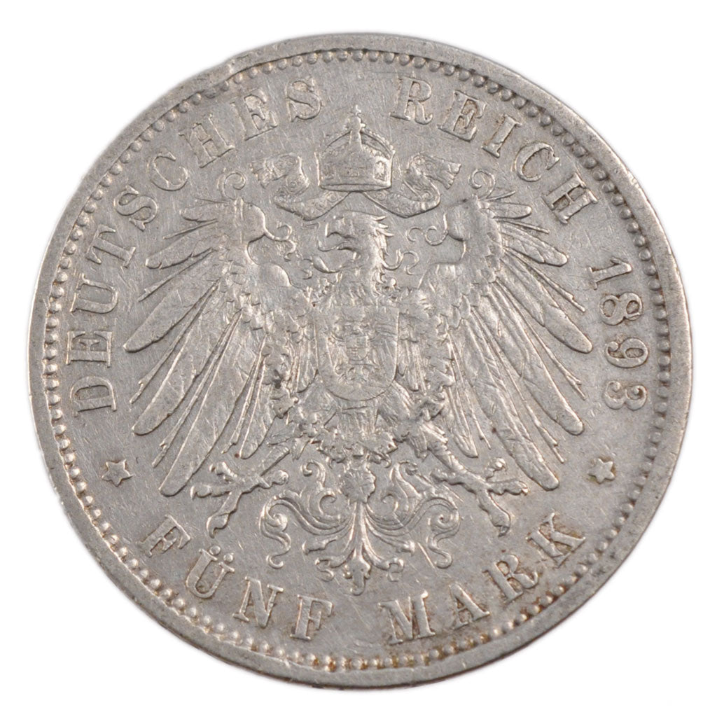 Coin, German States, PRUSSIA, Wilhelm II, 5 Mark, 1893, Berlin, VF(30-35)