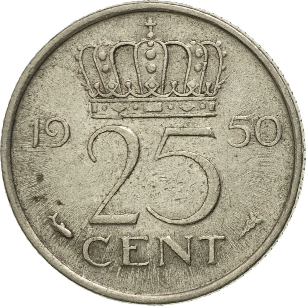 Coin, Netherlands, Juliana, 25 Cents, 1950, VF(30-35), Nickel, KM:183