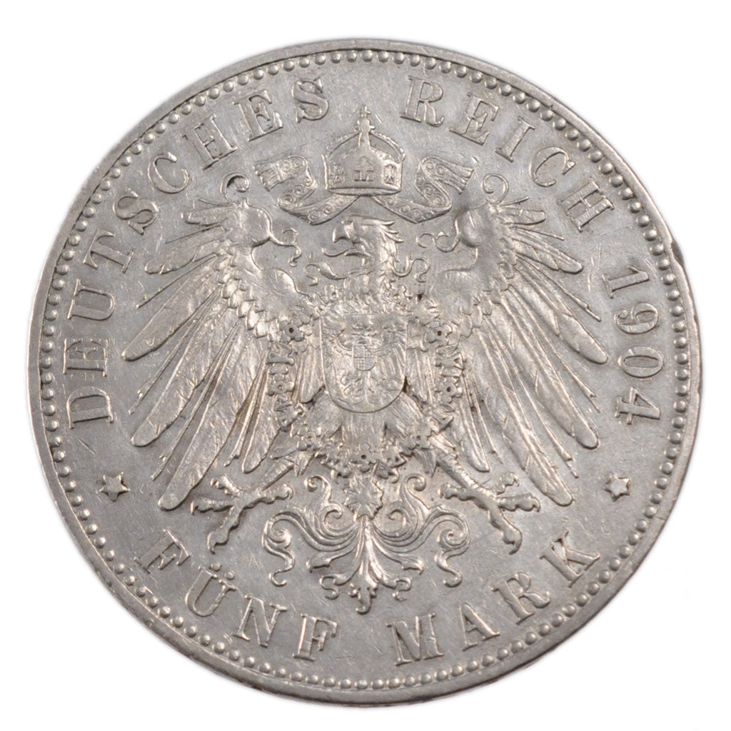GERMAN STATES, 5 Mark, 1904, Berlin, KM #523, VF(30-35), Silver, 38, 27.70
