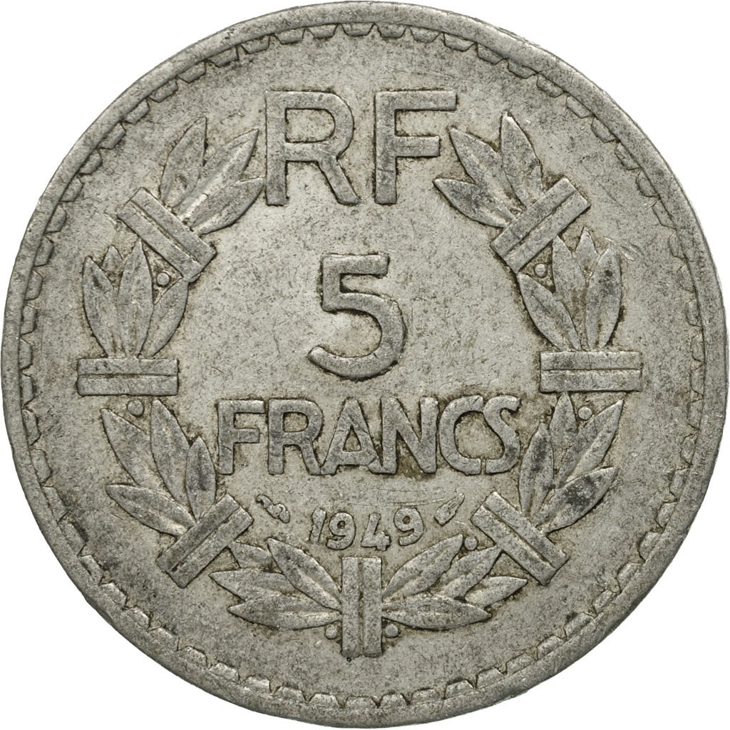 Moneda, Francia, Lavrillier, 5 Francs, 1949, Paris, BC+, Aluminio, KM:888b.1