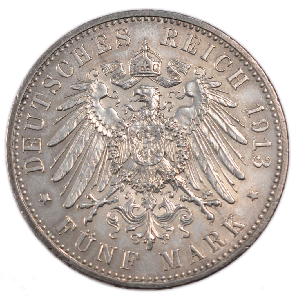 GERMAN STATES, 5 Mark, 1913, Berlin, KM #536, VF(20-25), Silver, 38, 27.80