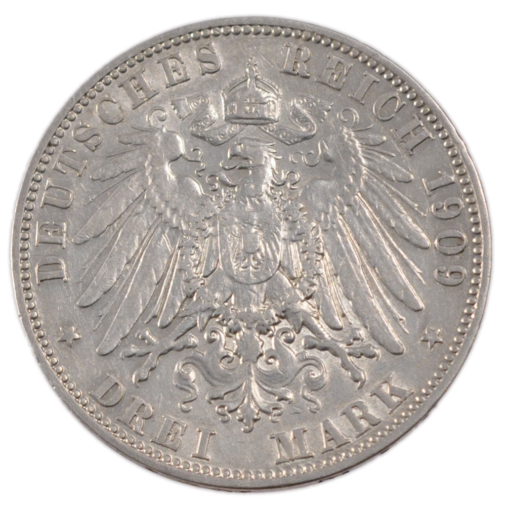 GERMAN STATES, 3 Mark, 1909, Muldenhutten, KM #1267, EF(40-45), Silver, 33,...