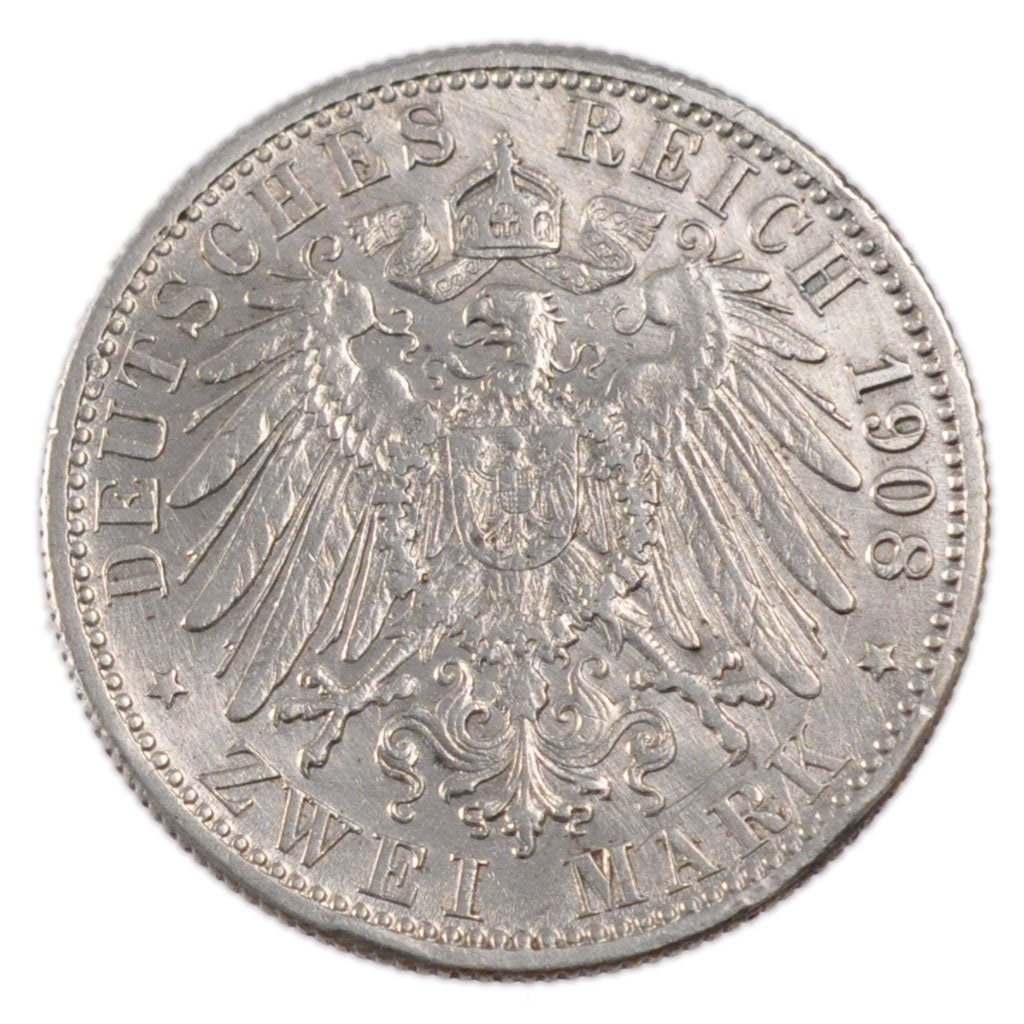 GERMAN STATES, 2 Mark, 1908, Freudenstadt, KM #631, AU(50-53), Silver, 28, 11.00
