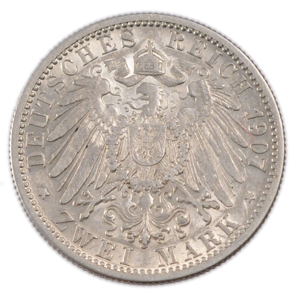 GERMAN STATES, 2 Mark, 1907, Freudenstadt, KM #631, EF(40-45), Silver, 28, 11.00