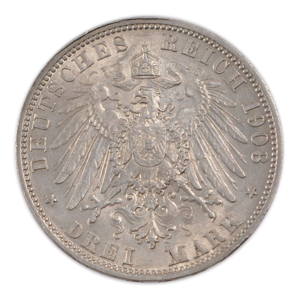 GERMAN STATES, 3 Mark, 1908, Freudenstadt, KM #635, AU(50-53), Silver, 33, 16.60