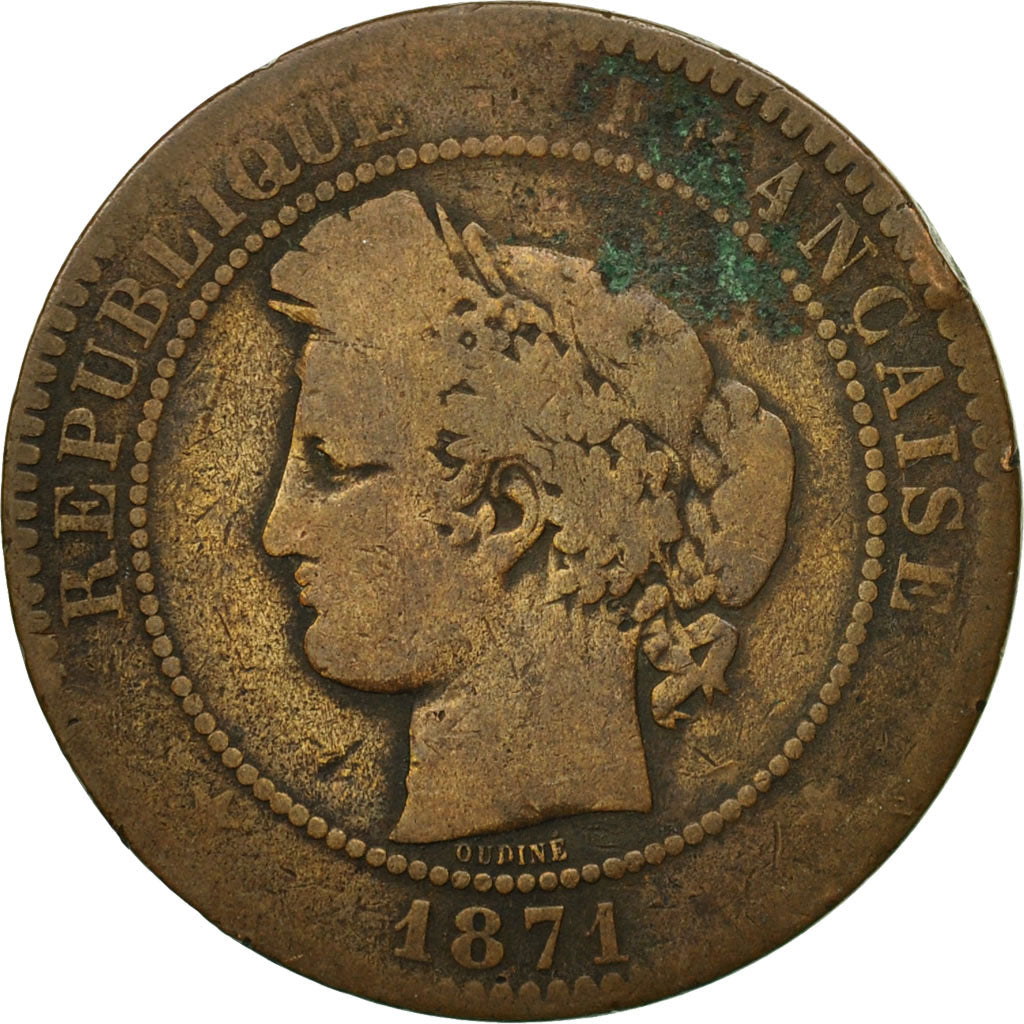 Moneta, Francia, Cérès, 10 Centimes, 1871, Paris, MB, Bronzo, KM:815.1
