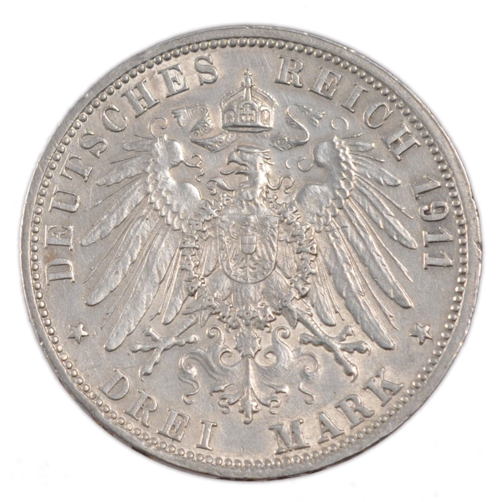 GERMAN STATES, 3 Mark, 1911, Freudenstadt, KM #635, EF(40-45), Silver, 33, 16.60