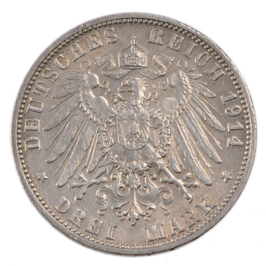 Stati tedeschi, WURTTEMBERG, Wilhelm II, 3 Mark, 1914, Freudenstadt, BB+, Arg...