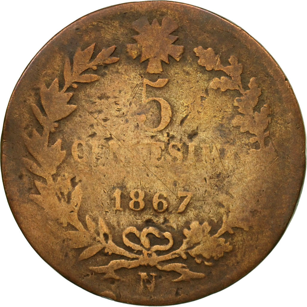 Coin, Italy, Vittorio Emanuele II, 5 Centesimi, 1867, Naples, VF(20-25), Copper