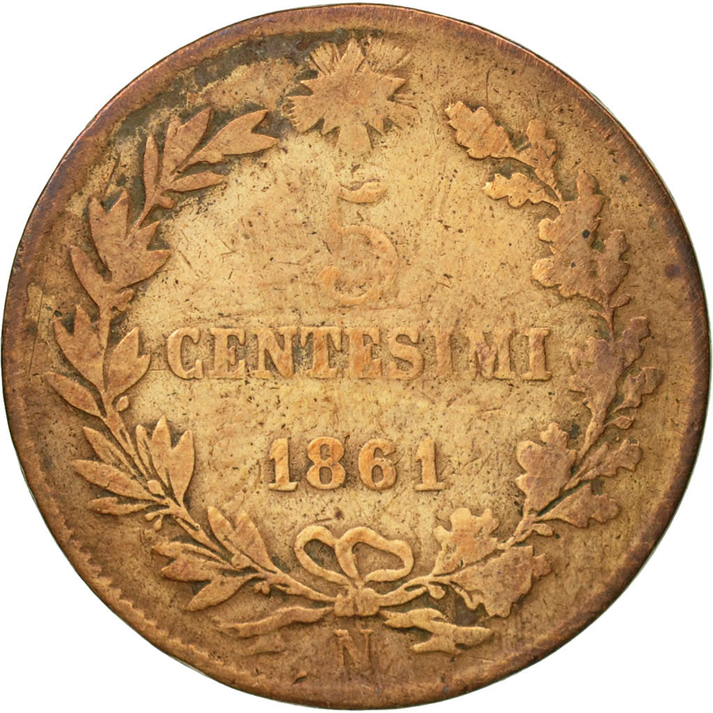 Coin, Italy, Vittorio Emanuele II, 5 Centesimi, 1861, Naples, VF(20-25), Copper