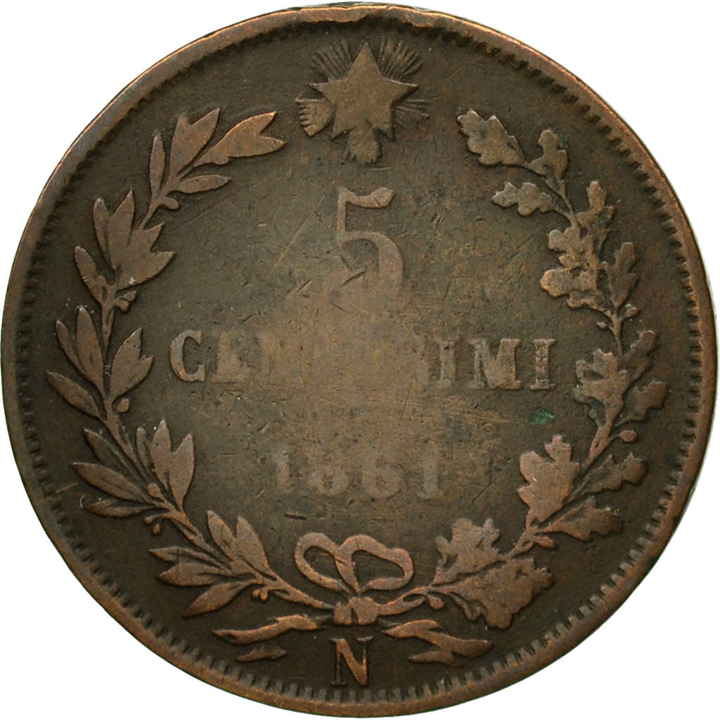 Monnaie, Italie, Vittorio Emanuele II, 5 Centesimi, 1861, Naples, B+, Cuivre