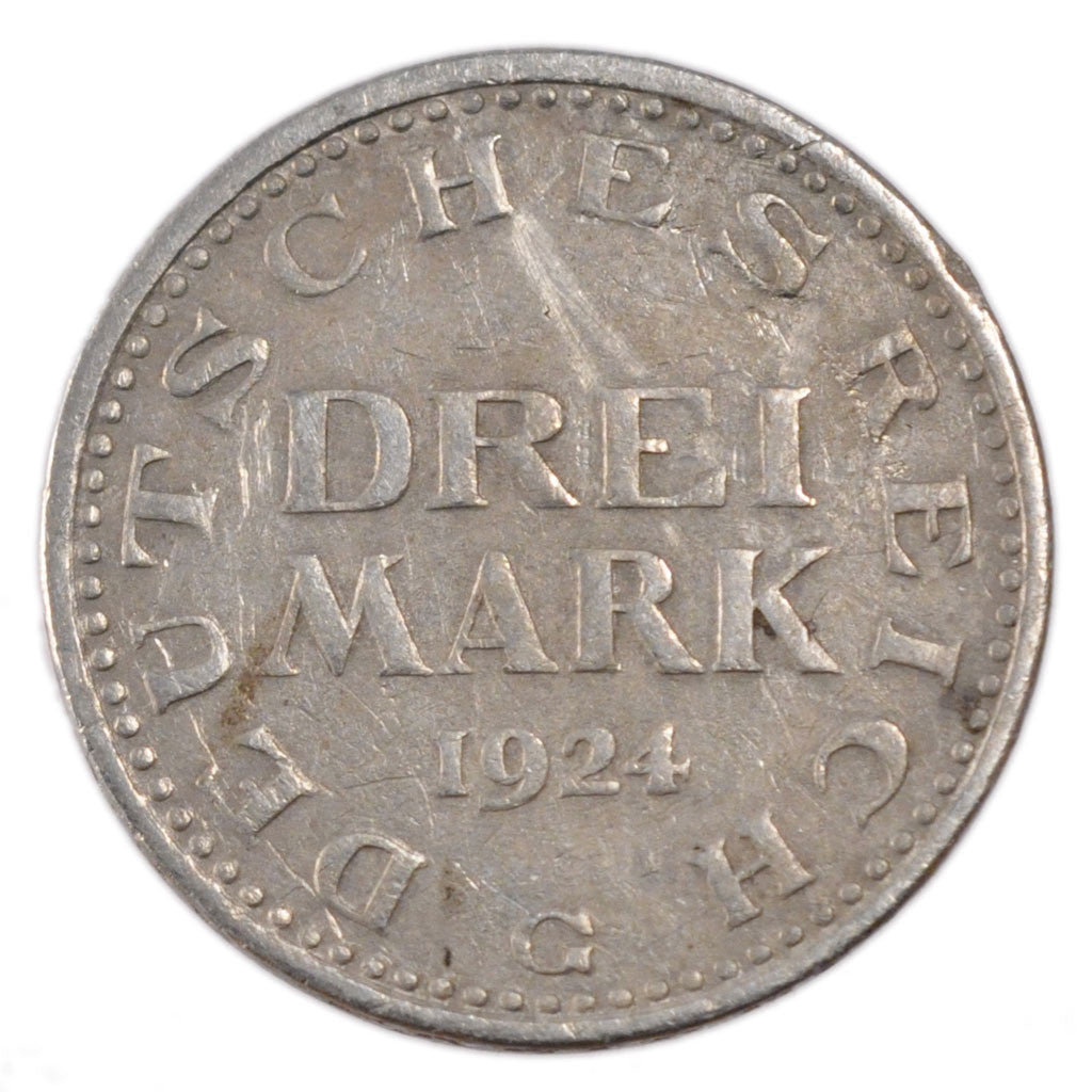GERMANY, WEIMAR REPUBLIC, 3 Mark, 1924, Karlsruhe, KM #43, VF(30-35), Silver,...