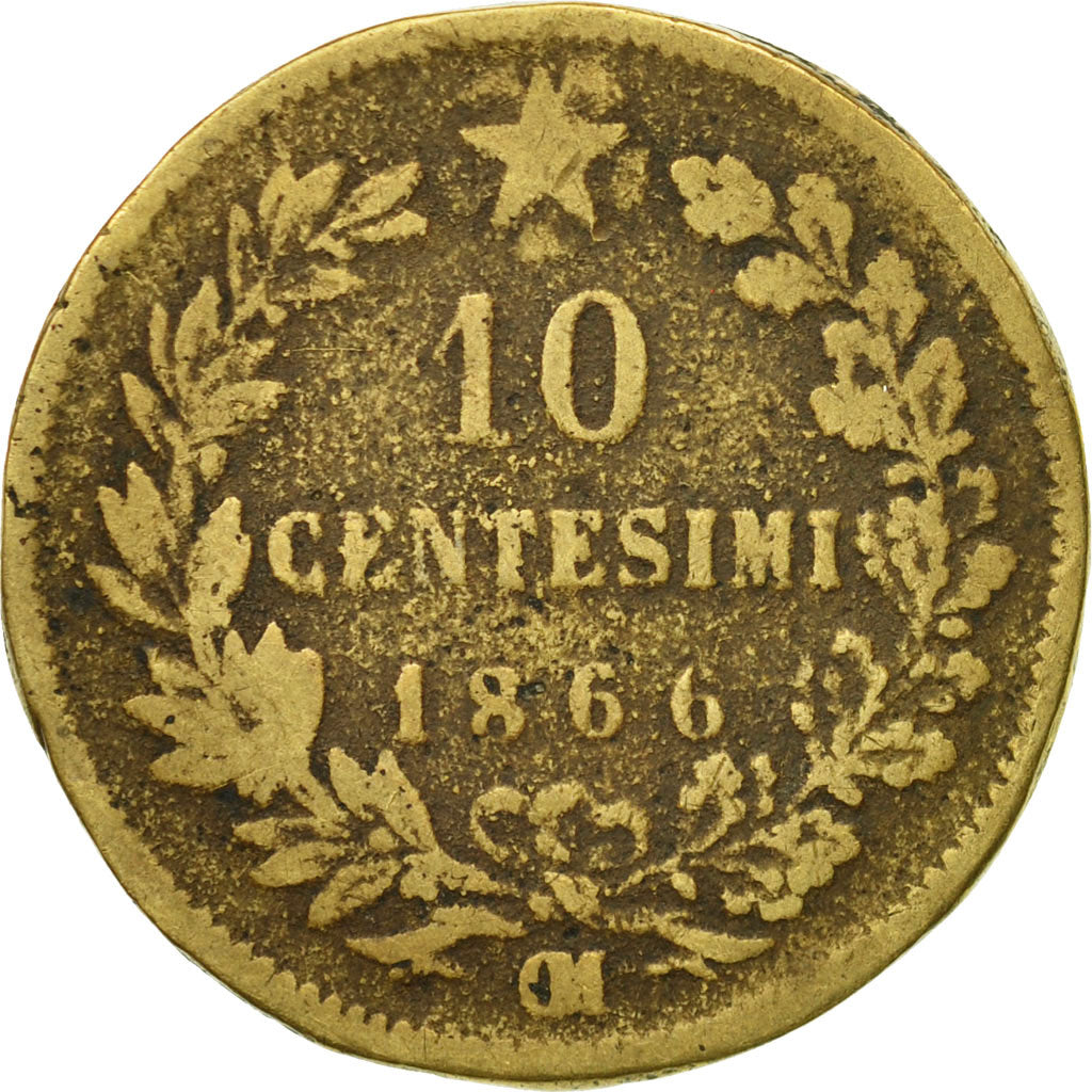 Moneda, Italia, Vittorio Emanuele II, 10 Centesimi, 1866, Strasbourg, BC+