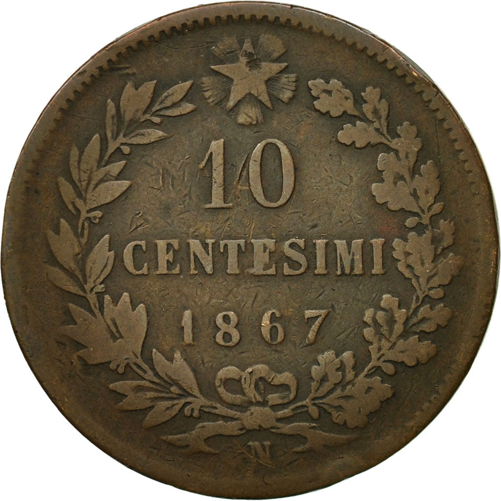 Coin, Italy, Vittorio Emanuele II, 10 Centesimi, 1867, Naples, VF(30-35)